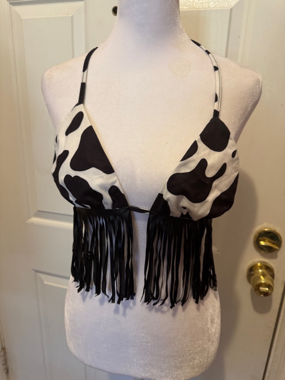 Black & White Cow Print Fringe Bralette Top